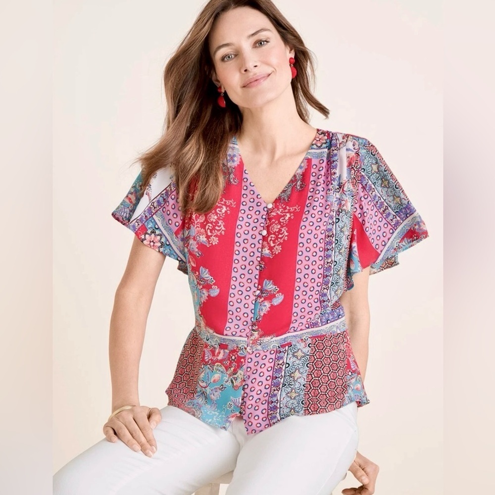 Chicos Patchwork Print‎ Peplum Flutter Sleeve Top Blouse Size 2 Pink Red Floral